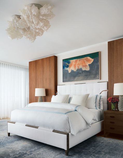 Contemporary Splendor Charms in Art-Filled Miami Condo - Florida Design Artwork Above Bed, Guest Bedroom Bedding, White Accent Chair, Miami Condo, Family Room Sofa, Florida Design, Surf Club, Beds And Headboards, Miami Art