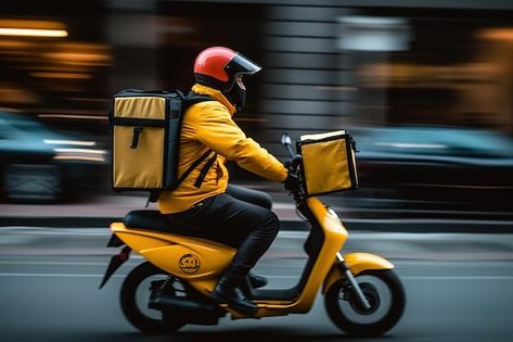 Photo a food delivery man in a helmet an... | Premium Photo #Freepik #photo #mobile-delivery #delivery-app #online-delivery #restaurant-delivery Delivery Man Photography, Delivery Aesthetic, Delivery Service Design, Bike Delivery, Delivery Bike, Photo Mobile, Delivery Guy, Delivery Food, Job Poster