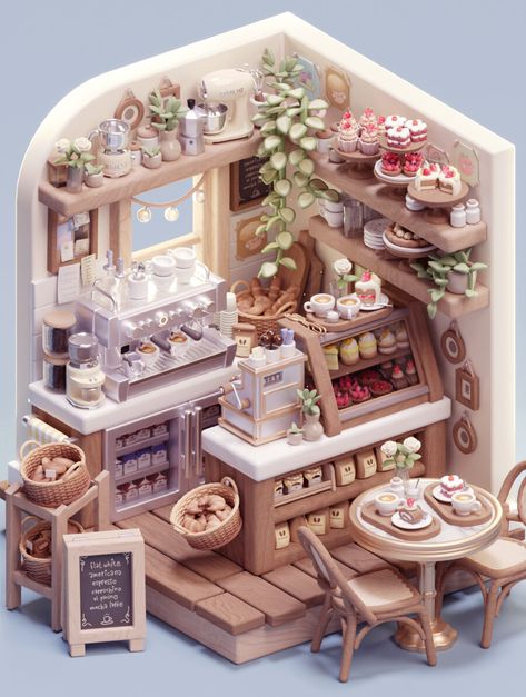 Tiny Coffee Shop, Cute Furniture, Cartoon House, Isometric Art, Isometric Design, Cute House, Mini Things, 3d Modelling, Miniature House