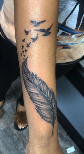 Feather Tattoos On Back, Feather Tattoo Upper Arm, Feather Tattoos Hand, Detailed Feather Tattoo, Cute Feather Tattoos For Women, Feather Half Sleeve Tattoo For Women, Feather Tattoo With Butterflies, Female Feather Tattoos, Hand Feather Tattoo