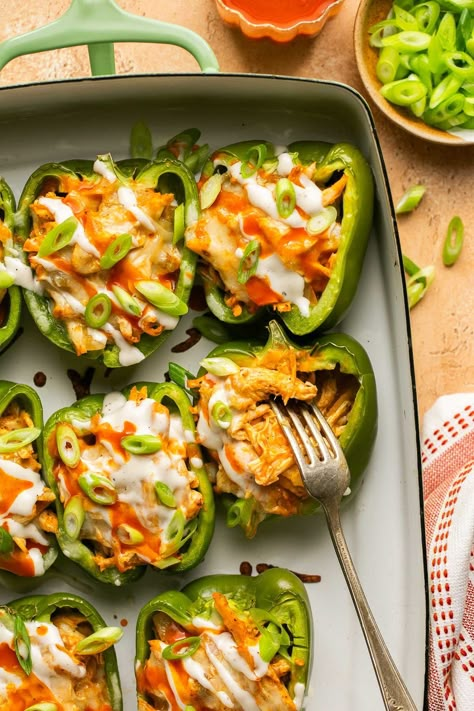 Low Carb Buffalo Chicken Stuffed Peppers Recipe | Healthy Little Peach Chicken Recipes Crock Pot, Pepper Recipes Healthy, Buffalo Chicken Stuffed Peppers, Healthy Little Peach, Stuffed Peppers Recipe, Low Carb Dinners, Poultry Dishes, Chicken Stuffed, Dairy Free Cheese