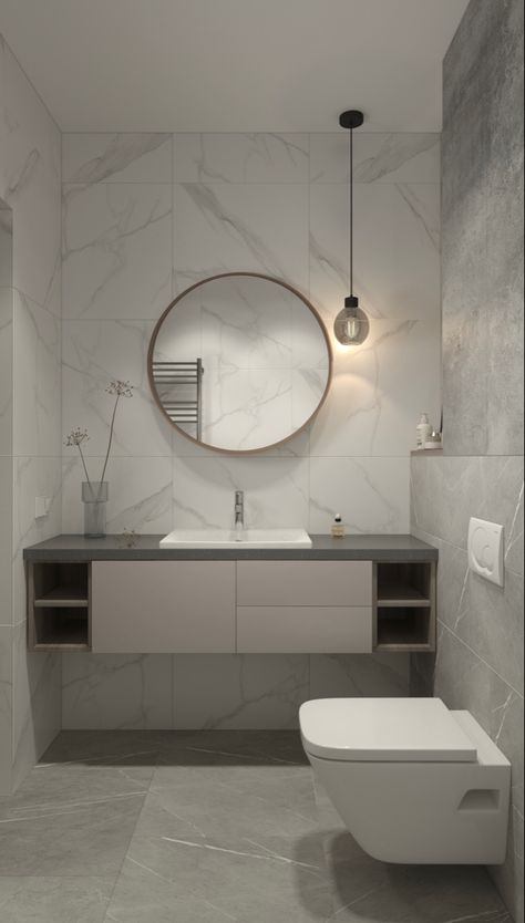 Light Gray And White Bathroom, Grey Bathrooms Designs, Condo Bathroom, Marble Tile Bathroom, Closet Design Layout, Latest Living Room Designs, Bathroom Design Trends, Bathroom Redesign, Modern Tiny House