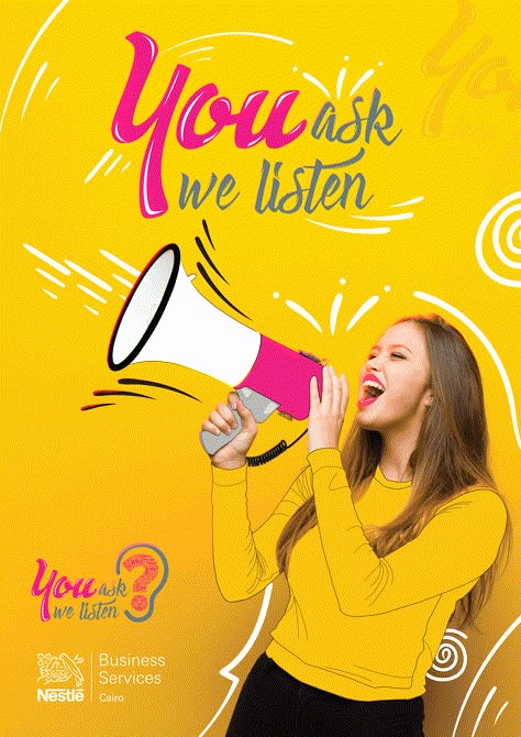 "You ask.. We listen"  is a new campaign at Nestle along the year to encourage the employees to engage with the employees specially Management team for answering their questions and pay attentions for them Attention Poster, Graphic Design Ads, Social Media Poster, Instagram Ideas Post, Instagram My Story, Social Media Design Inspiration, Poster Background Design, Creative Poster Design, Photography Illustration