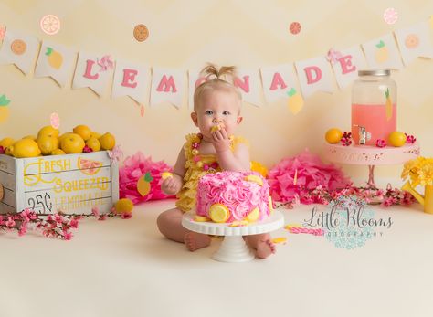 Lemon Cake Smash, Lemon First Birthday Photos, Lemon Cake Smash Photos, Pink Lemonade 1st Birthday Party, Pink Lemonade Smash Cake, Lemonade Banner, Birthday Party Summer, Cake Smash Photo Shoot, Lemon Birthday