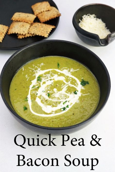 A bowl of green coloured soup with a swirl of cream. Behind is plate of crackers and a bowl of grated Parmesan cheese. Bacon Soup Recipes, Chicken Vegetable Stew, Creamy Peas, Roast Chicken Leftovers, Chicken Vegetable, Bacon Soup, Dumplings For Soup, Vegetable Stew, Pea Soup