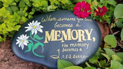 Painting Rocks Ideas Memorial, Memory Rocks Ideas, Retirement Rock Painting Ideas, Rock Painting In Memory Of, Painted Memorial Rocks Ideas, Painted Rock Memorial, Memory Painted Rocks, Memorial Rock Painting Ideas, Memorial Rocks Painted