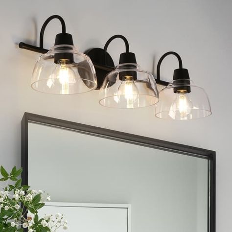 Regan Modern Black 3-Light Linear Farmhouse Bathroom Vanity Lights Globe Glass Wall Sconces - 23.6'' L x 6.5'' W x 8.3'' H - On Sale - Bed Bath & Beyond - 40331549 Modern Farmhouse Bathroom Lighting, Farmhouse Bathroom Light Fixtures, Farmhouse Bathroom Lighting, Farmhouse Vanity Lights, Bathroom Vanity Lights, Vanity Lights Bathroom, Black Vanity Bathroom, Farmhouse Vanity, Farmhouse Bathroom Vanity