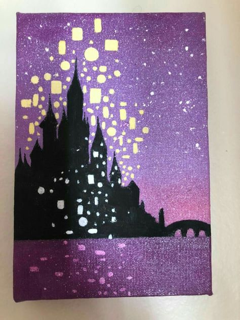 Canvas Painting Ideas Tangled, Rapunzel Castle Painting, Simple Tangled Painting, Rapunzel Inspired Painting, Tangled Castle Painting, Painting Ideas Rapunzel, Painting Ideas Disney Princess, Easy Castle Painting, Tangled Acrylic Painting