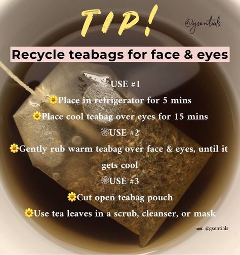 How To Smell Like Chamomile, Chamomile Tea Bag Uses, Chamomile Tea Bags For Eyes, Tea Bag Skin Care, Tea For Skincare, Tea Bags For Eyes, Teabags For Eyes, Tea Skincare, Beauty Hacks Dark Circles