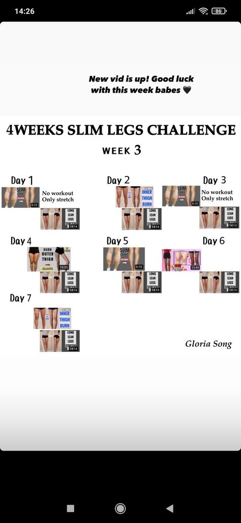 Week 3 Slim legs Challenge Slim Legs In A Week, Gloria Song, Legs Challenge, Leg Workout Plan, 2 Week Challenge, Slim Legs Workout, Leg Challenge, Lean Legs, Workout Songs