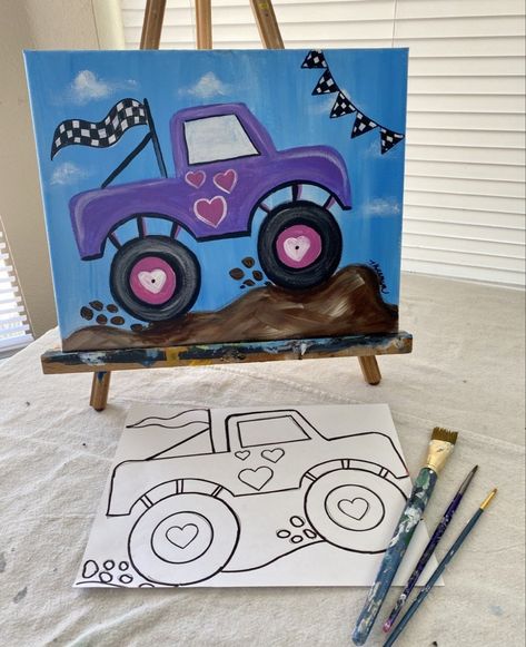 Perfect for a kids paint party. PDF tutorial download kids painting lesson plus video. Learn to paint two styles of big trucks. Monster Truck Drawing, Tracie Kiernan, Monster Truck Art, Painted Buckets, Truck Painting, Monster Truck Kids, Kids Painting Party, Easter Canvas, Painting Lesson