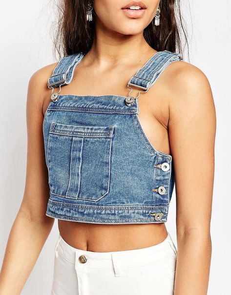 Missguided Cropped Denim Overall Top Denim Crop Top Outfit, Diy Denim Top, Overall Top, White Shorts Outfit, Denim Dungaree, Smart Casual Dress, Denim Inspiration, Diy Vetement, Denim Crop Top