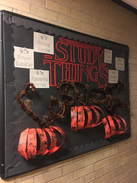 Resident Assistant bulletin board. RA halloween board— stranger things theme Student Council Halloween Ideas, Halloween Breakroom Ideas, October Bulletin Board Ideas Elementary, Halloween Decorations Bulletin Boards, Stranger Things Classroom Theme, Yearbook Bulletin Board, Stranger Things Classroom Ideas, Stranger Things Ra Bulletin Board, Stranger Things Classroom