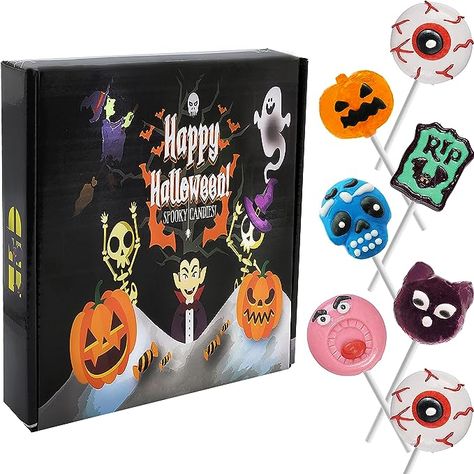 Suckers Candy, Halloween Lollipop, Spooky Candy, Candy Videos, Halloween Goodie Bags, Pinata Fillers, Pumpkin Designs, Lollipop Candy, Party Goodies