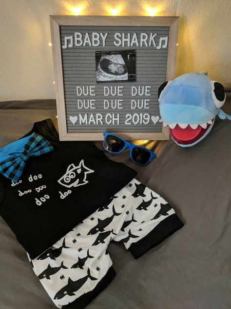 Shark Gender Reveal, 3rd Pregnancy Announcement, 3rd Baby Announcement, Shark Nursery, Shark Baby Shower, Pregnant Life, Baby Shark Song, Creative Pregnancy Announcement, Baby Gender Reveal