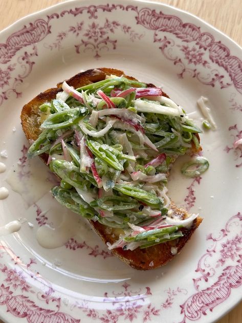 creamy snap pea & radish slaw - by Emily Eggers Radish Slaw, French Breakfast Radish, Snap Pea Salad, Snap Pea, French Breakfast, Cold Pasta, Best Butter, Pea Salad, Flaky Salt