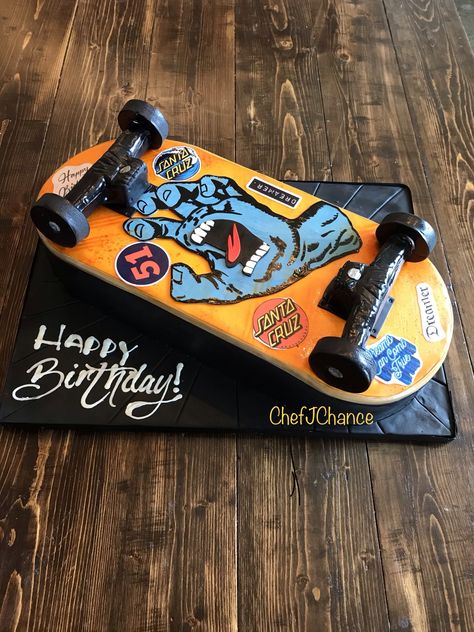 Santa Cruz inspired w/custom stickers Skateboard Cake Ideas, Skateboard Birthday Cake, Skater Birthday, Boys Bday Cakes, Skate Cake, Skateboard Cake, Skateboard Birthday Party, Birthday Cake Kids Boys, Carved Cakes