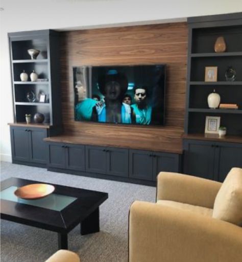 Basement Tv Mount Ideas, Basement Rec Room Tv Wall, Diy Basement Tv Wall Ideas, Tv Wall Basement, Black Built Ins, Basement Media Wall, Basement Entertainment Wall, Basement Tv Wall Ideas, Basement Entertainment Room