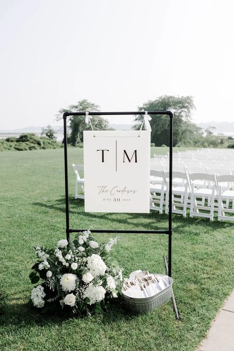 Ceremony Wedding Sign For Ceremony, Wedding Ceremony Bench Decor, Simple Ceremony Arch, Outside Ceremony Decorations, Outdoor Wedding Altar Ideas, Planters For Wedding Ceremony, Outdoor Isle Decorations, Diy Outdoor Wedding Ceremony, Wedding Ceremony Walkway