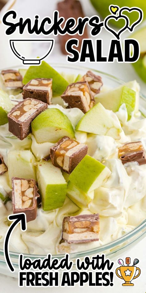 Snickers Salad Caramel Apple Salad, Snicker Apple Salad, Snickers Salad, Creamy Fruit Salads, Buns In My Oven, Unique Salad, Snickers Candy, Baked Potato Salad, Apple Salad Recipes