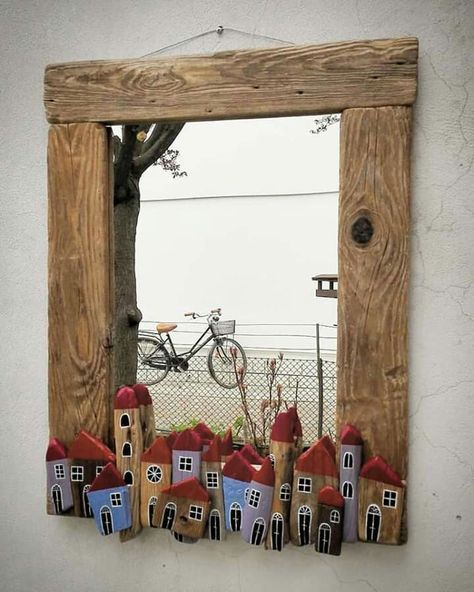 Driftwood Village, Wood Window, Window Projects, Driftwood Crafts, Diy Holz, Beach Crafts, Stone Crafts, Driftwood Art, Old Wood