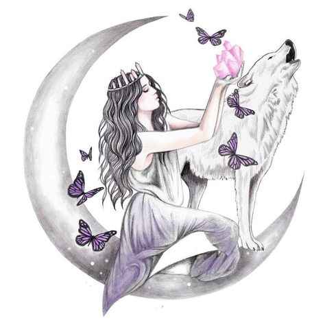 Moon Magic Art, Wolf And Moon Tattoo, Fairy Tattoo Designs, Fairy Drawings, Goddess Tattoo, Moon Tattoo Designs, Wolf Tattoo Design, Wolf Spirit Animal, Fairy Tattoo