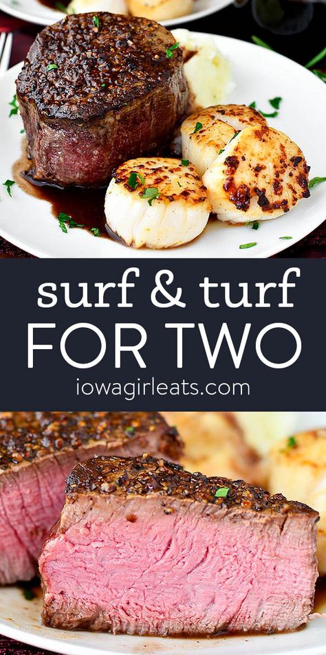 Surf and Turf for Two is an elegant, decadent dish that WOWS. I'll break down the seasoning, sauce, and timing for you! iowagirleats.com keywords: surf and turf recipes, surf and turf dinner, valentines day recipes dinner, date night dinner recipes Scallop Surf And Turf, Surf And Turf Recipes Scallops, Surf N Turf Recipes, Fish Dinners, Night Dinner Recipes, Stomach Growling, Mignon Steak, Steak Dishes, Boys Haircut