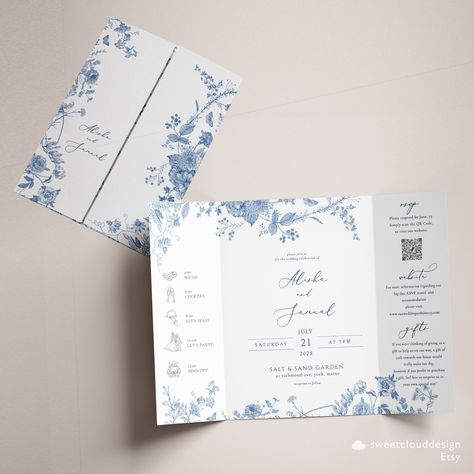 This Dusty Blue Gate fold INVITATION is an INSTANT DOWNLOADABLE TEMPLATE. It is FULLY EDITABLE TEMPLATE and will be Perfect for your Special Day! INSTANTLY EDIT WITH JET TEMPLATE You will receive a link to your TEMPLATE within minutes of ordering by EMAIL. You can edit your TEMPLATES immediately right here in your browser using JET web application. Edit this template with your MOBILE, IPAD, TABLETS or COMPUTER BROWSER! 💕MATCHING ITEMS https://etsy.me/3MdUtT6 💕TRY OUR DEMO ↓ Copy and paste this Wedding Invites Formal, White And Blue Wedding Invitations, Gate Fold Wedding Invitations, Light Blue Invitations, Vellum Paper Wedding Invitations, Wedding Invite Wording, French Wedding Invitations, Blue And White Wedding Invitations, Folding Invitation