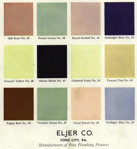 Eljer Vintage Color Chart Blue Vintage Bathroom, Vintage Blue Bathroom, Retro Bathroom Decor, Walk In Shower Designs, The Color Pink, Coral Blush, Retro Bathrooms, Retro Renovation, Beige Bathroom