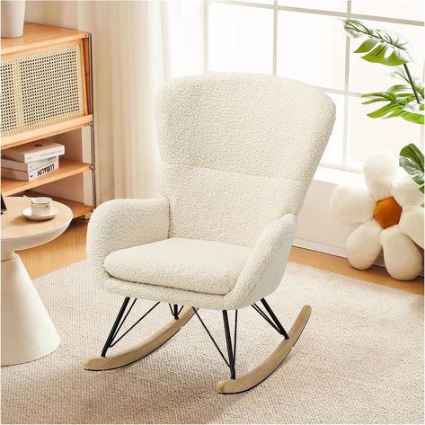 Kayan Small Rocking Chair Teddy Fabric Glider Chair, Comfy Upholstered Rocker Armchair with High Backrest, Comfy Side Chair for Bedroom Office Living Room (Ivory White) : Amazon.co.uk: Home & Kitchen Small Rocking Chair, Tufted Rocking Chair, Living Room Furniture Uk, Comfy Reading Chair, Chair Comfy, Chair For Bedroom, Comfy Reading, Upholstered Rocking Chairs, Wooden Rocking Chairs