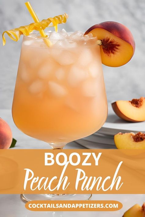 This boozy Peach Punch is made with peach whiskey, champagne, peach juice and Sprite. Perfect large batch cocktail for a crowd. Serve in a punch bowl or in cocktail glasses. Great alcoholic punch recipe for Christmas parties and winter holiday parties or as a summer party punch recipe. Vodka Large Batch Cocktails, Large Batch Alcoholic Drinks, Peach Punch Alcoholic, Big Batch Summer Cocktails, Batch Cocktails Summer, Peach Juice Cocktail, Crown Peach Drink Recipes, Party Punch Recipes Alcoholic, Peach Whiskey Cocktails