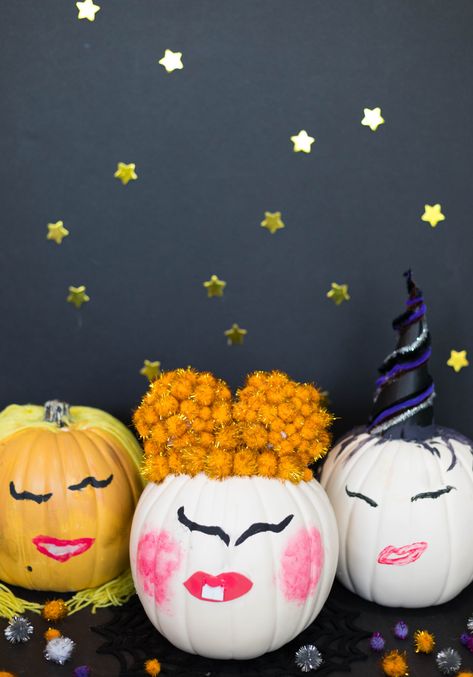 The Cutest Hocus Pocus Pumpkins! - Design Improvised Sanderson Sisters Pumpkin Painting, Sanderson Sisters Pumpkins, Fall Couple Activities, Hocus Pocus Pumpkin Painting, Hocus Pocus Pumpkins, Hocus Pocus Pumpkin, No Carve Pumpkin Decorating Ideas, Dance Competition Gifts, Easy Pumpkin Carving Ideas