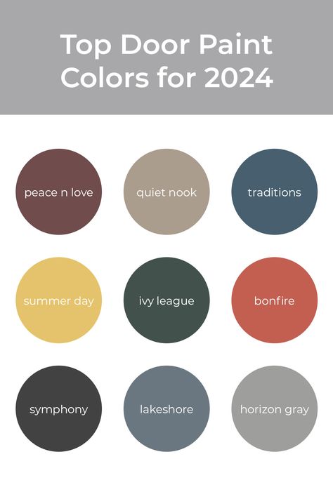 Planning a new front door for 2024? These trending paint colors for 2024 are great options to bring color and style to your front door in the new year. Whether you choose a bright and bold paint color like Bonfire or a simple and classic paint color like Quiet Nook, you'll stay on trend while creating a timeless front door. Bold Door Colors, Blue House Front Door Color Ideas, Colored Front Door Grey House, Taupe Door Exterior, Two Tone Front Door, House With Colored Front Door, Front Door Pop Of Color, Cool Front Door Colors, Sherwin Williams Exterior Door Colors