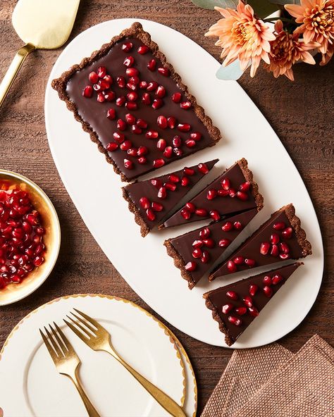 Dark Chocolate POM Tart | POM Wonderful Pomegranate Tart, Dark Chocolate Tart, Chocolate Pomegranate, Types Of Mushrooms, Pom Wonderful, Christmas Cookie Recipes Holiday, Red Velvet Cupcake, Impressive Desserts, Tart Recipe