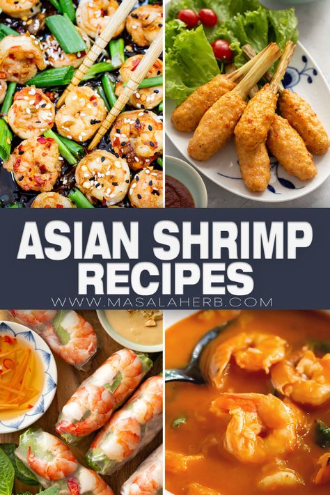 Asian Shrimp Recipes with authentic and Asian-style inspired recipes. Here you will find noodle meals, soups, curries, stir fries, snacks and much more. Recipes are from across Asia, but most are South East Asian or South Asian shrimp recipes. www.MasalaHerb.com Easy Asian Shrimp Recipes, Shrimp Chinese Recipes, Korean Shrimp Recipe, Asian Seafood Recipes, Asian Shrimp Recipes, Noodle Meals, Shrimp Side Dish, Asian Shrimp, Asian Soup Recipes