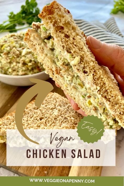 vegan chicken salad spread Vegan Chicken Salad Recipe, Vegan Chicken Salad Sandwich, Vegan Sandwich Spread, Chicken Sandwich Spread, Vegan Sandwich Filling, Veggie Meat, Sandwich Spreads, Vegan Chicken Salad, Seitan Chicken