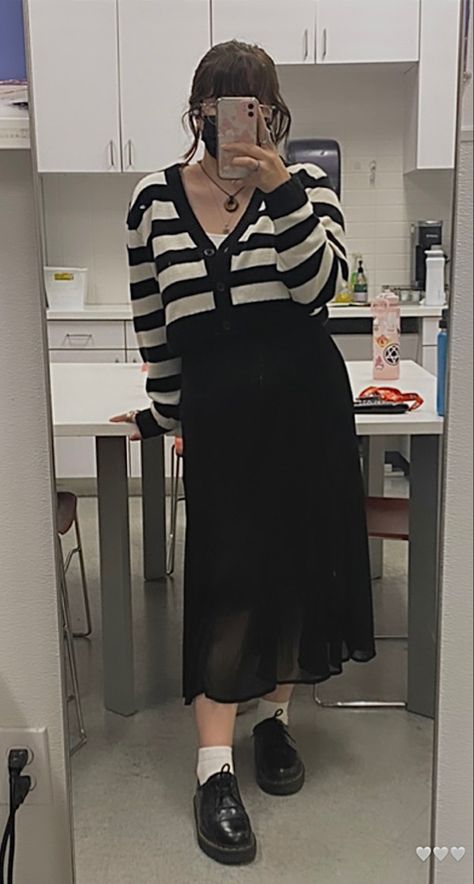 Black Sheer Skirt Outfit, Black And White Striped Cardigan Outfit, Fairycore Lookbook, Skirt And Docs, Cardigan Skirt Outfit, Sheer Skirt Outfit, Skirt And Cardigan Outfit, Stripe Cardigan Outfit, Black Sheer Skirt