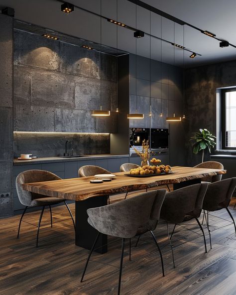 Setze auf dunkle Farben in deinem Esszimmer im Industrial-Style. Dunkle Töne wie Grau, Schwarz oder Dunkelblau verleihen dem Raum eine markante und moderne Ausstrahlung. Sie sind ideal, um große Möbelstücke wie einen massiven Esstisch oder breite Stühle hervorzuheben. Verwende Materialien mit roher oder unbehandelter Oberfläche, wie unbehandeltes Holz oder Metall, um den Look zu komplettieren. Ergänze mit indirekter Beleuchtung, um eine einladende Atmosphäre zu schaffen.  💫 Klicke auf das Bild Architecture Drawing, Cozy House, Industrial Style, Diner, Vision Board, Architecture, Quick Saves, Design