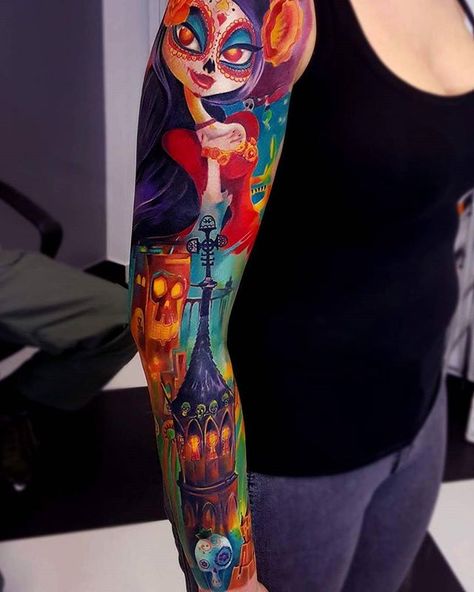 Done with @worldfamousink #reposting #cartoons #jaroslaw #niuniekrock #rzeszów #colorfull #sleevetattoo #crazy #crazytattoo Christmas Sleeve Tattoo, Nightmare Before Christmas Sleeve, Tattoo Nightmares, Tattoo Pierna, Sleeve Tattoo Designs, Nightmare Before Christmas Tattoo, Web Tattoo, Christmas Tattoo, Blue Tattoo