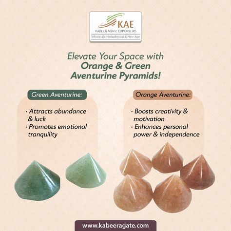 Elevate Your Space with Orange & Green Aventurine Pyramids!
Orange Aventurine:
•	Boosts creativity and motivation
•	Enhances personal power and independence
Green Aventurine:
•	Attracts abundance and luck
•	Promotes emotional tranquility

https://www.kabeeragate.com/productsdetail/green-aventurine-conical-pyramids
https://www.kabeeragate.com/productsdetail/orange-aventurine-conical-pyramids
#AventurinePyramids #OrangeAventurine #GreenAventurine #CrystalHealing #BoostCreativity  #PersonalPower #E Pendulum Balls, Chakra Meanings, What Is Reiki, Chakra Pendulum, Orange Aventurine, Arrowheads Artifacts, Pranic Healing, Power Bracelet, Shiva Eye