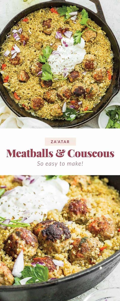 Make this one pot za'atar meatball dish for dinner tonight! Zaatar Meatballs, Za'atar Recipe, Meatball Dish, Quinoa Skillet, Meatball Dishes, Yogurt Toppings, Middle East Recipes, Pork Meatballs, Za Atar