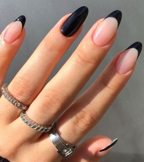 black oval nails with french tips Colored Nail Tips French, Coloured French Manicure, Colored French Nails, Black French Tip Nails, Color French Manicure, Black French Nails, Black French Tip, Colored Nail Tips, Love Dark