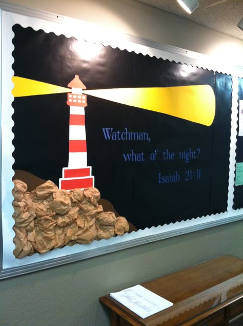 Lighthouse bulletin board Boat Bulletin Board Ideas, Light Bulletin Board Ideas, Lighthouse Bulletin Board, Nautical Bulletin Boards, Lighthouse Theme, Nautical Classroom Theme, Nautical Classroom, Christian Bulletin Boards, Sunday School Decorations