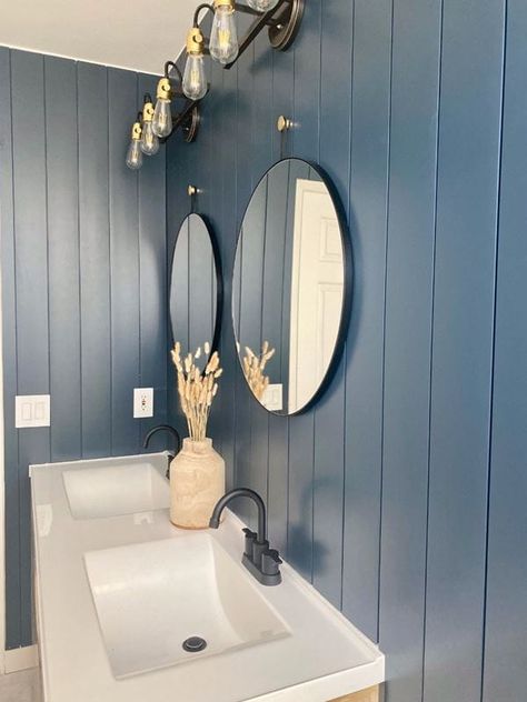 Blue Shiplap Bathroom, Blue Shiplap Wall, Blue Bathroom Accents, Wooden Wall Bathroom, Blue Shiplap, Shiplap Bathroom Wall, Blue Bathroom Walls, Dark Blue Bathrooms, City Bathrooms