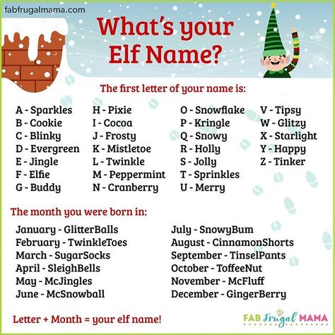 What's YOUR Elf name?     via @fabfrugalmama Christmas Elf Name Generator, Christmas Elf Names, Your Elf Name, Elf Name Generator, Whats Your Elf Name, Funny Name Generator, Xmas Games, Elf Names, Christmas Names