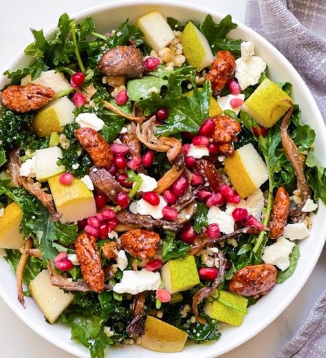 Kale, Pomegranate, Feta & Quinoa Holiday Salad! - The Dish On Healthy Pomegranate Feta Salad, Holiday Salad Recipes, Healthy Holiday Salads, Quinoa Pomegranate, Feta Quinoa, Salad Recipes Holidays, Holiday Salad, Lettuce Recipes, Christmas Salad Recipes