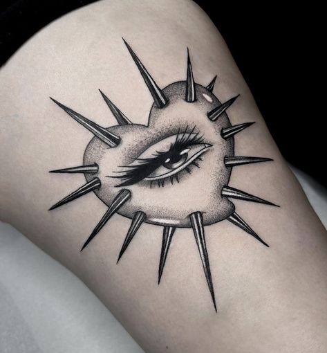 Spiked Heart Tattoo, Heart With Eye Tattoo, Eye Tattoo Leg, Creepy Eye Tattoo, Eye Flash Tattoo, Heart Eye Tattoo, Creepy Tattoo Designs, Tattoo Portfolio Ideas, Creepy Tattoos