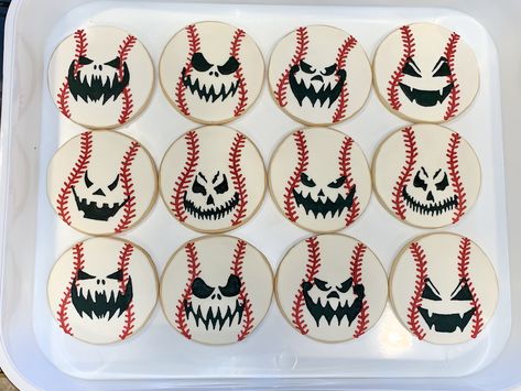 Halloween Baseball Cookies Halloween Candy Table, October Treats, Baseball Halloween, Baseball Snacks, Baseball Cookies, Game Snacks, Treat Ideas, Candy Table, Baseball Gifts