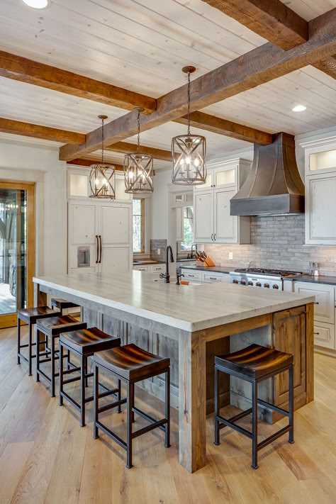 Kitchen Ceiling With Wood Beams, Beams In The Kitchen, Barndominium Exposed Beams, Open Plan Kitchen Dining Living Rectangle, Modern House With Beams, Timber Farmhouse Kitchen, Kitchen Ceiling Beams Ideas, Open Beam Ceiling Kitchen, Timber Frame Kitchens