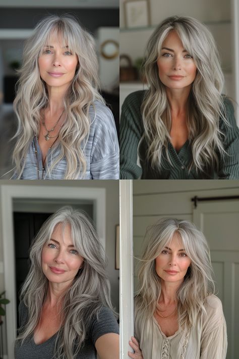 Hairstyles With Side Bangs, Side Bangs Hairstyles, Grey Hair Inspiration, Beautiful Gray Hair, Gray Hair Highlights, Long Gray Hair, Hair Affair, Long Hair With Bangs, Side Bangs